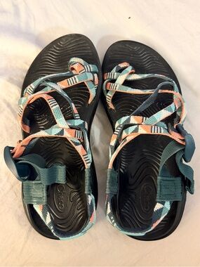 Chaco Teal and Coral Patterned Strappy Sandals